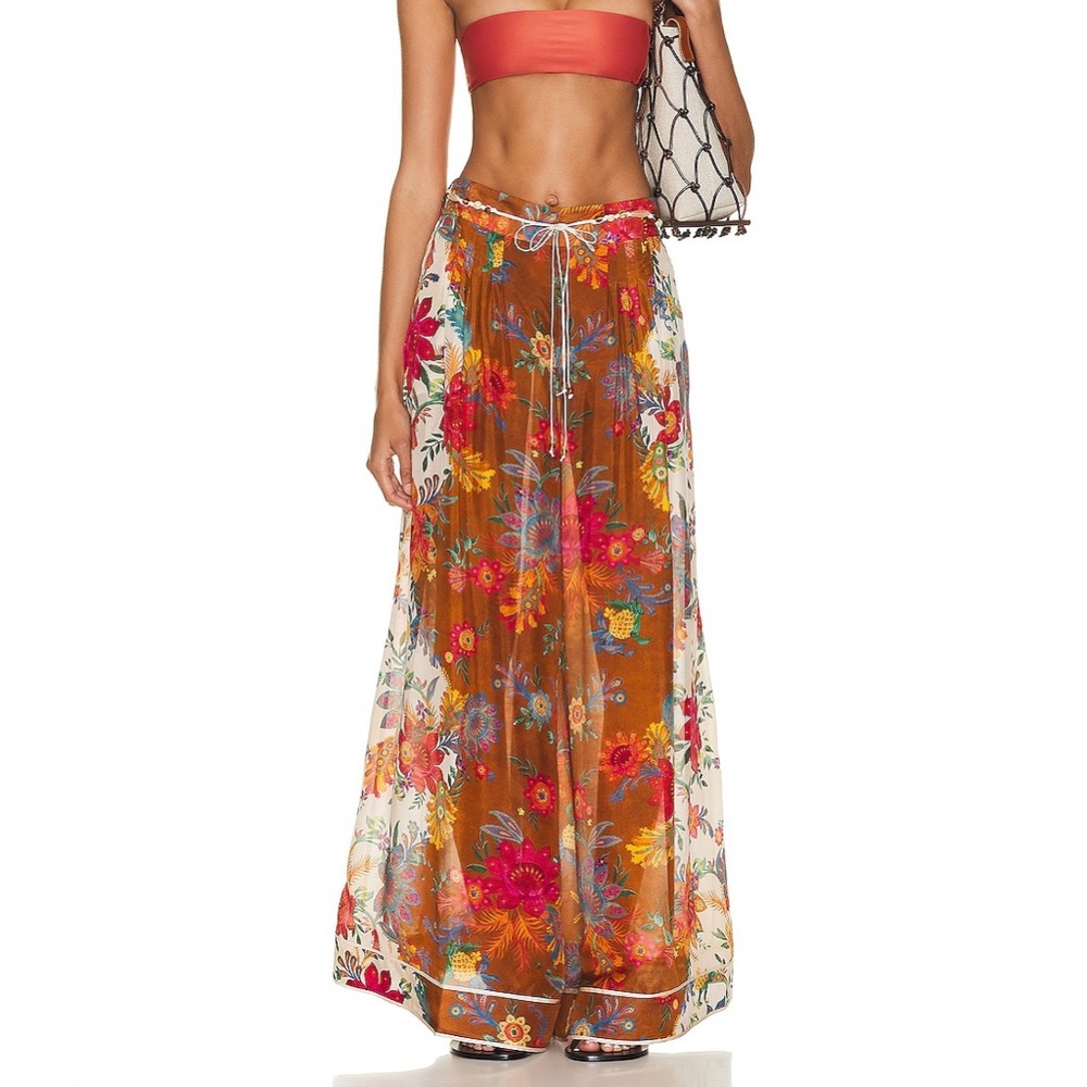 Zimmermann Floral Brown Silk Pants with Arty belt